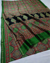 Indiehaat | Chanderi Silk Ajrakh Print Saree Green