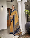 Indiehaat | Blockprinted Mul Cotton Yellow Saree