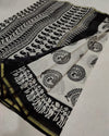 Indiehaat | Blockprint Chanderi Silk Saree in Black & White | Elegant Monochrome Saree