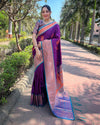 Indiehaat | Soft Silk Contrast Zari Woven Purple Saree