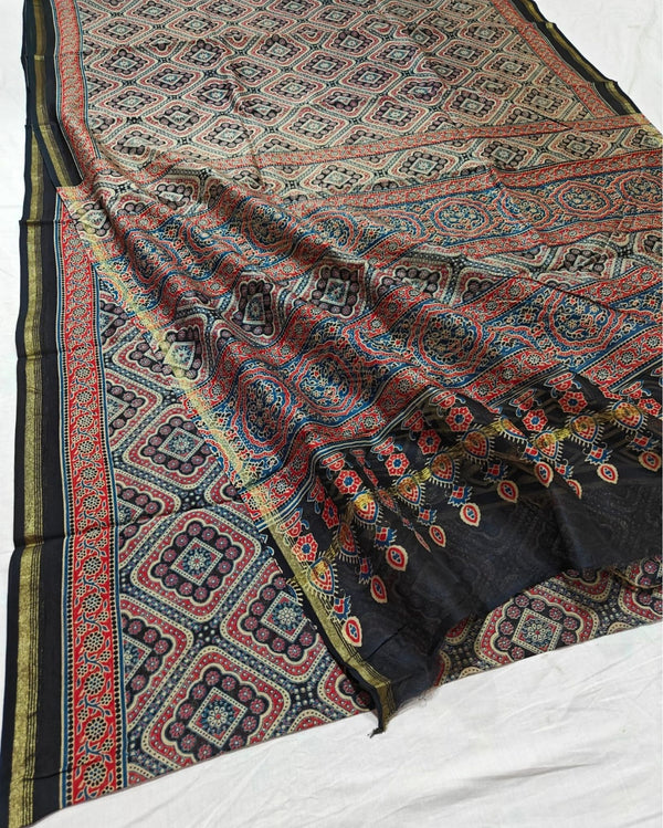 Indiehaat | Chanderi Silk Ajrakh Print Saree Black