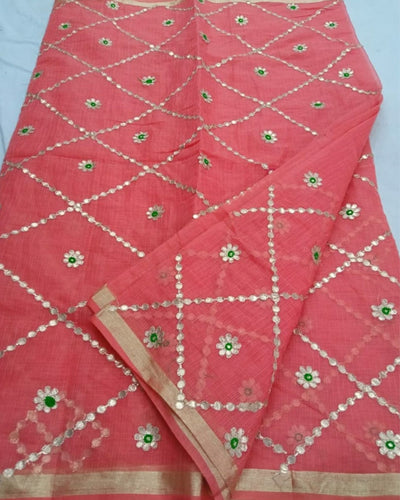Indiehaat | Kota Cotton Gota Patti Peach Saree