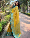 Indiehaat | Kanchipuram Tissue Silk Zari Woven Yellow Saree