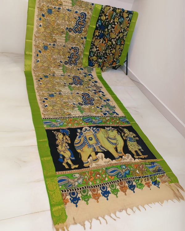 Indiehaat | Mangalagiri Handpainted Silk Saree Beige