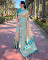 Indiehaat | Pure Tissue Silk Zari Woven Beige & Blue Saree