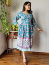 Indiehaat | Cotton Long One Piece Dress Sky Blue Color Bagru Hand Printed Size 36 to 46