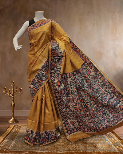 Indiehaat | Madhubani Handpainted Tussar Silk Yellow Saree