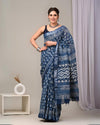 Indiehaat | Linen Saree Indigo Color Kalamakari Handblock Printed With Running Blouse