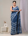 Indiehaat | Linen Saree Indigo Color Kalamakari Handblock Printed With Running Blouse