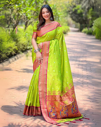 Indiehaat | Paithani Silk Zari Woven Contrast Green Saree