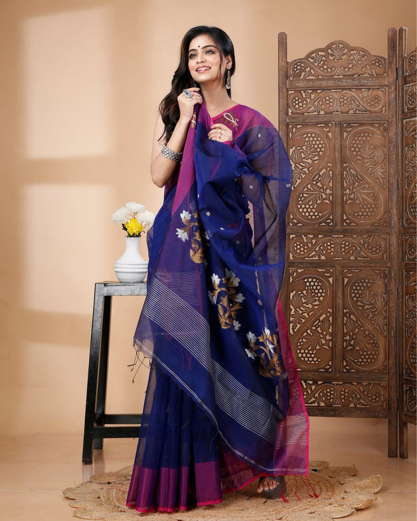 Indiehaat | Cotton Silk Blue Saree Handloom Mina Work