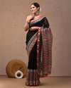 Indiehaat | Maheshwari Silk Saree Black Color Bagru Handblock Printed with Running Blouse (Silk by Silk)