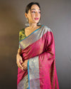 Indiehaat | Soft Kashmiri Silk Zari Woven Contrast Pink Saree