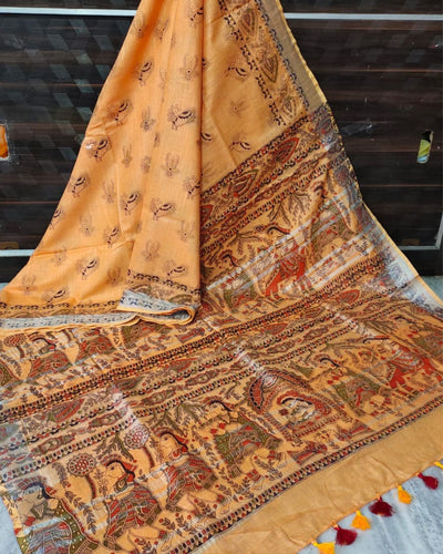 Indiehaat | Slub Linen Madhubani Mustard Saree