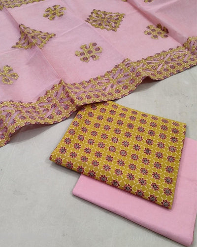 Indiehaat|Ajrakh print Cotton Suit with Applique Dupatta Pink