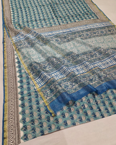 Indiehaat | Blockprint Chanderi Silk Saree Green | Elegance in Silk