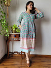 Indiehaat | Cotton Long One Piece Dress Multi Color Bagru Hand Printed Size 36 to 46