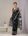 Indiehaat | Linen Saree Black Color Kalamakari Handblock Printed With Running Blouse