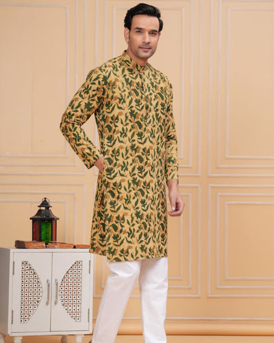 Indiehaat | Ajrakh Printed Cotton Kurta Pyjama Yellow