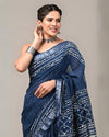 Indiehaat | Linen Saree Indigo Color Kalamakari Handblock Printed With Running Blouse