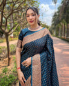 Indiehaat | Banarasi Jaal Katan Silk Zari Woven Blue Saree