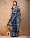 Indiehaat | Maheshwari Silk Saree Indigo Color Bagru Handblock Printed with Running Blouse (Silk by Silk)