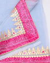 Serene Pale Blue Kota Doria Gota Patti Saree With Bandhej Border | Indiehaat