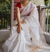 Silk Linen Handloom White Saree with Blouse Buta weaving and running blouse-Indiehaat