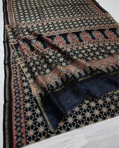 Indiehaat | Chanderi Silk Ajrakh Print Saree Black