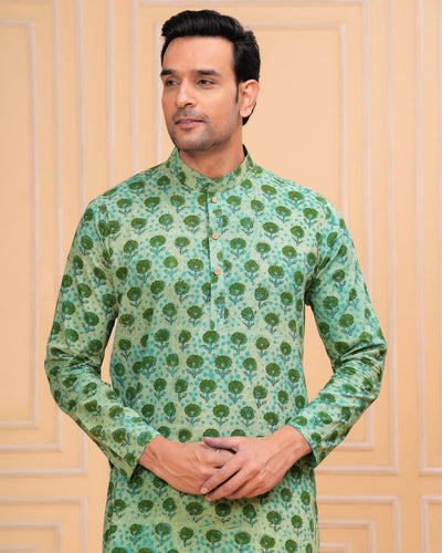 Indiehaat | Ajrakh Printed Cotton Kurta Pyjama Green