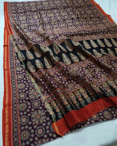 Indiehaat | Chanderi Silk Ajrakh Print Saree Red