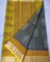 Indiehaat | Craft Couture Blockprinted Kota Doria Gray & Mustard Saree