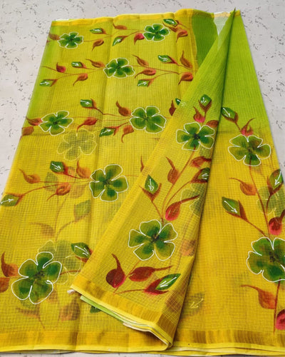 Indiehaat | Kota Cotton Hand Brush Print Green Saree