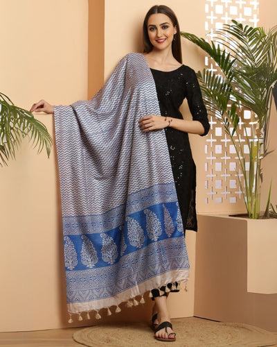 Indiehaat | Katan Silk Blockprint Dupatta Blue