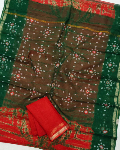 Indiehaat | Kota Cotton Bandhej Shibori Saree Red & Green
