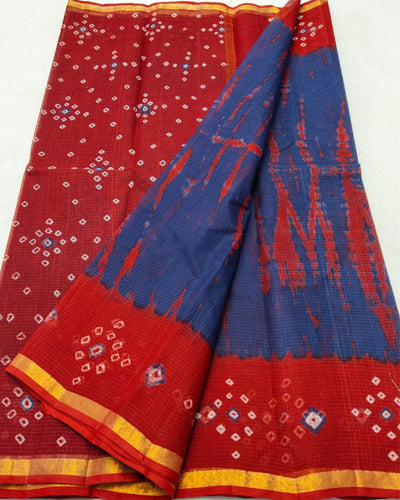 Indiehaat | Kota Cotton Bandhej Shibori Saree Red & Blue