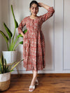 Indiehaat | Cotton Long One Piece Dress Dark Red Color Bagru Hand Printed Size 36 to 46