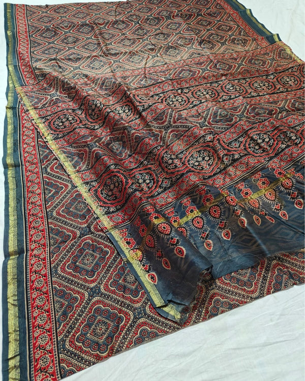 Indiehaat | Chanderi Silk Ajrakh Print Saree Multicolor