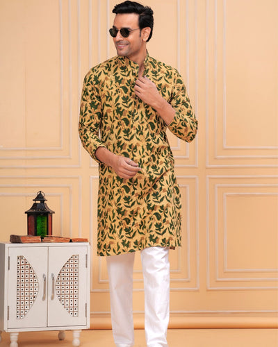 Indiehaat | Ajrakh Printed Cotton Kurta Pyjama Yellow