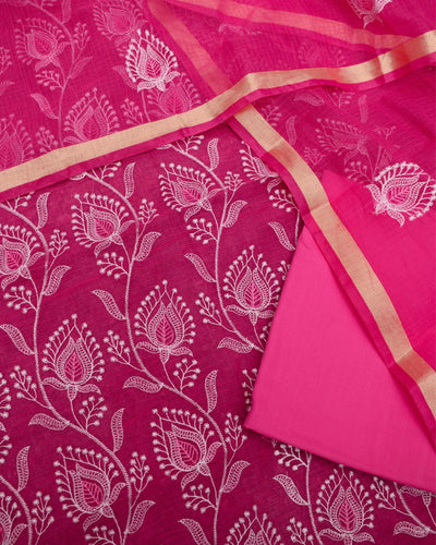 Indiehaat|Kota Doria Embroidered Pink Suits(Top+Bottom+Dupatta)