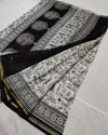 Indiehaat | Blockprint Chanderi Silk Saree in Black & White | Elegant Monochrome Saree