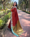 Indiehaat | Soft Kashmiri Silk Zari Woven Contrast Red Saree