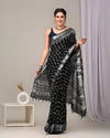 Indiehaat | Linen Saree Black Color Kalamakari Handblock Printed With Running Blouse