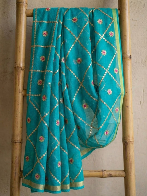 Pankhudi Gota Patti Sky Blue Kota Cotton Saree