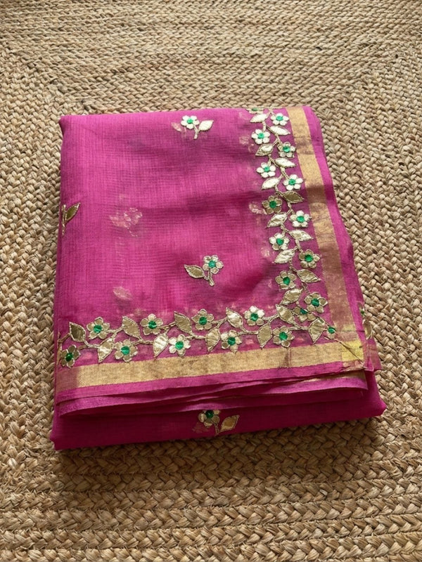 Pankhudi Kota Cotton Gota Patti Hot Pink Saree