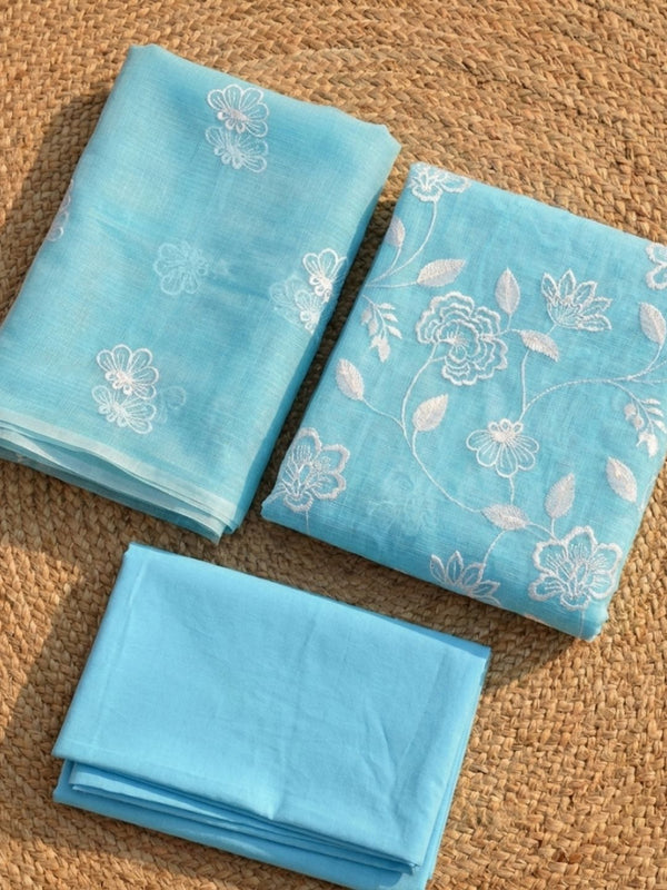 Kashidakari Kota Doria Embroidered Sky Blue Suit