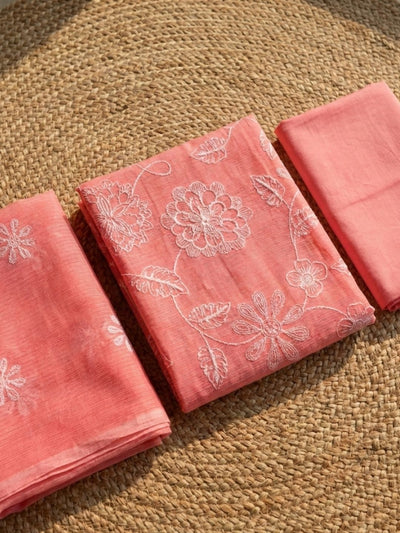 Kashidakari Kota Doria Embroidered Vibrant Peach Suit (T+B+D)