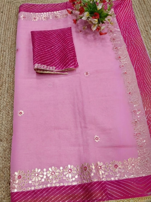 Gilded Grace Kota Cotton Gota Patti Saree Light Pink