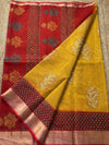 Craft Couture Blockprinted Kota Doria Mustard Yellow & Red Saree