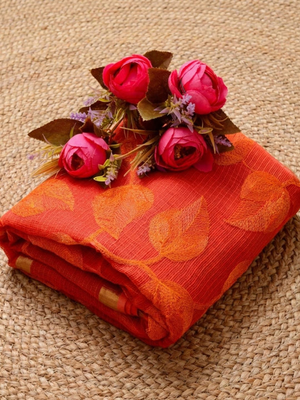 Pankhudi Kota Doria Bold Orange Saree Embroidered